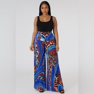 Animal and Patterned Print Wide-Leg Pants Blue Orange Soft Lightweight